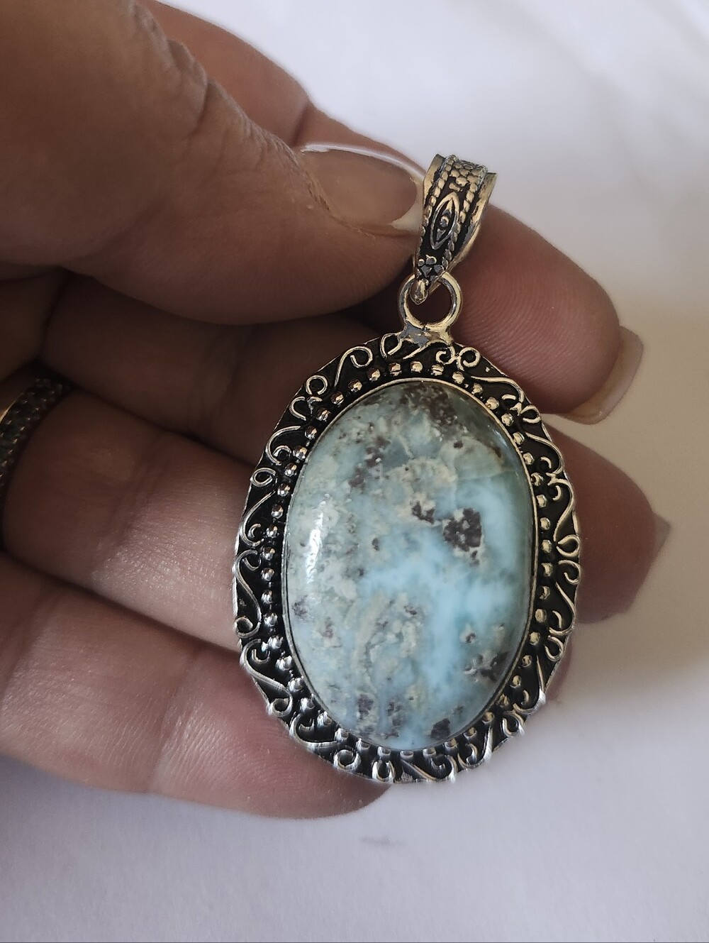 New Sterling Silver 925 Blue Larimar Oval Pendant Necklace